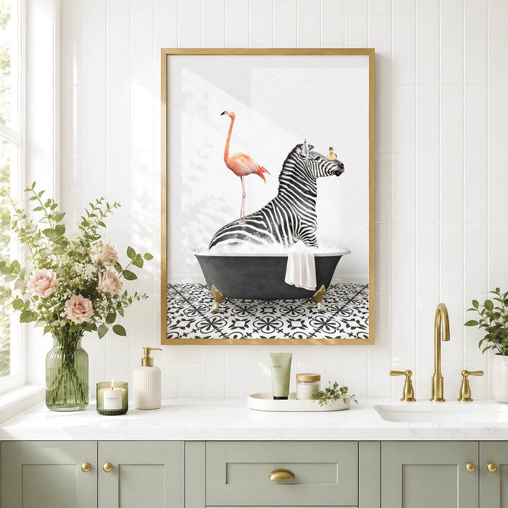 a bathroom scene with a framed picture of a zebra sitting in a bathtub, accompanied by a pink flamingo. The bathroom has a white countertop, a sink, and a vase of flowers. The overall color scheme is predominantly white and green, creating a serene and calming atmosphere.