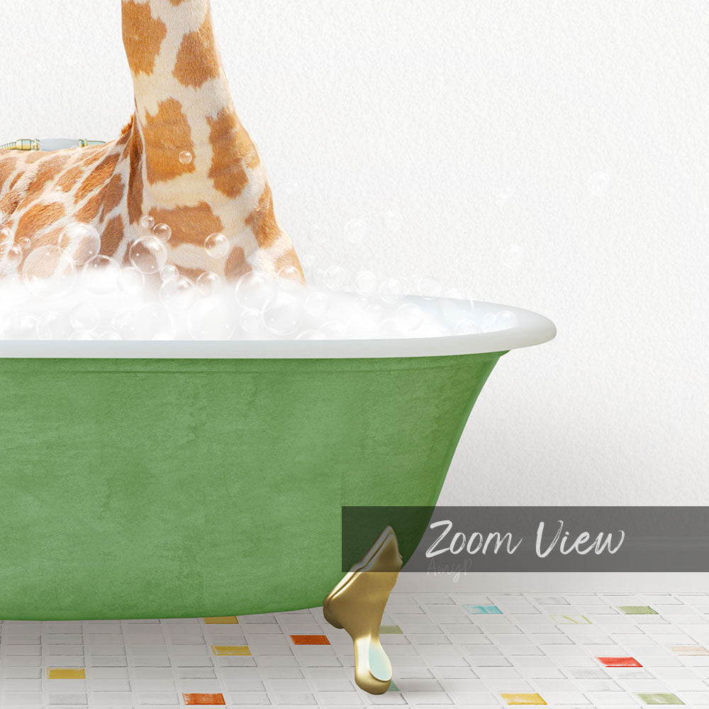 A giraffe is standing in a green bathtub filled with bubbles, creating a whimsical and playful scene.