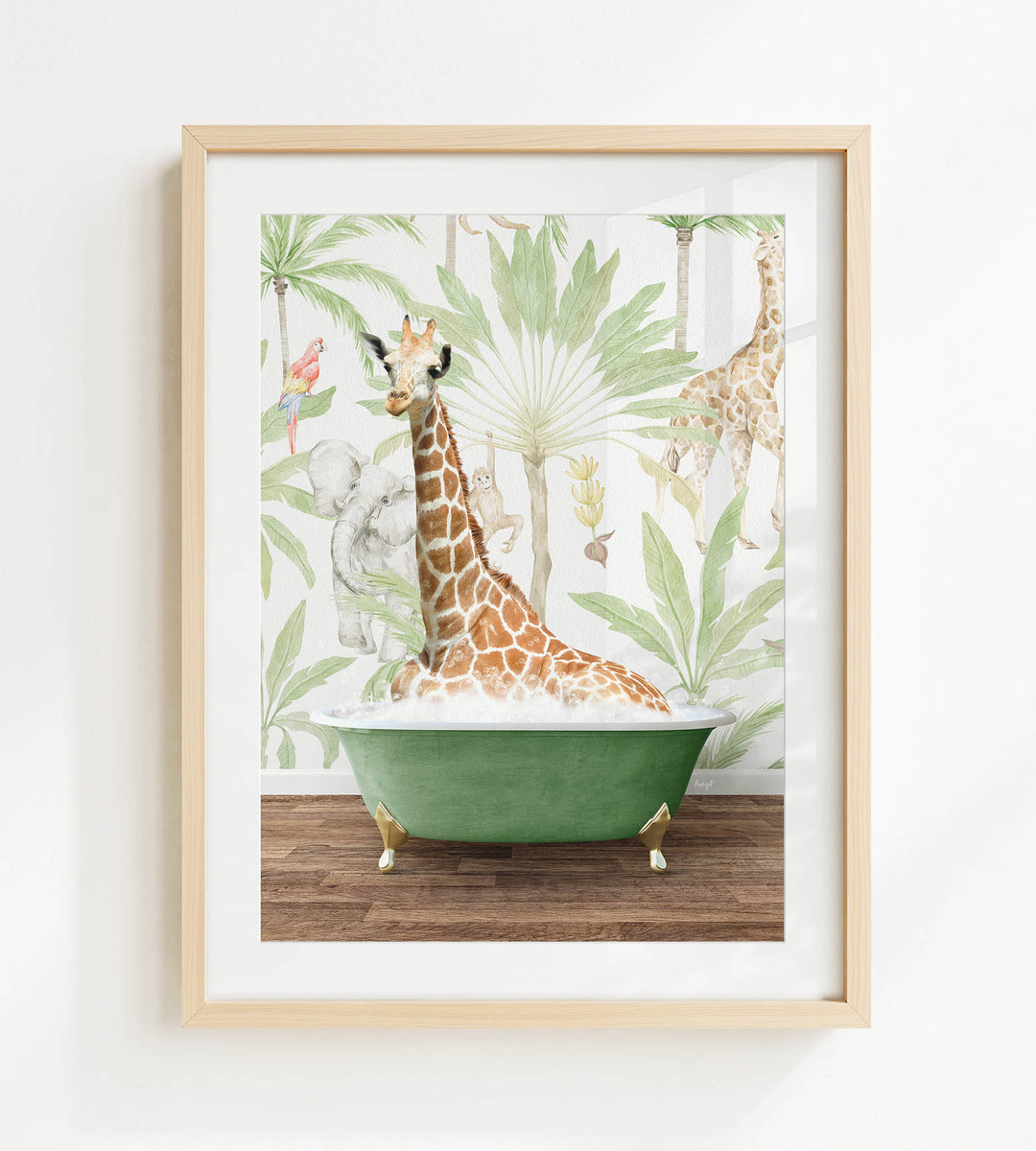 A giraffe sitting in a green bathtub, surrounded by tropical foliage, is the focal point of the framed artwork.