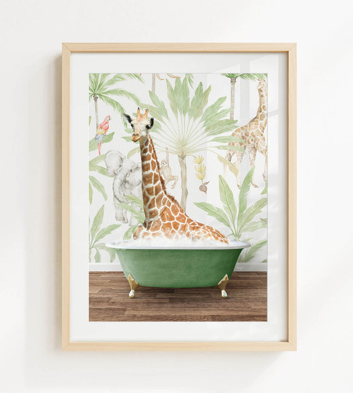 A giraffe sitting in a green bathtub, surrounded by tropical foliage, is the focal point of the framed artwork.