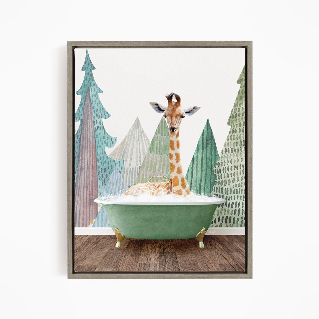 A giraffe is sitting in a green bathtub, surrounded by a forest-themed background with trees and a snowy landscape.
