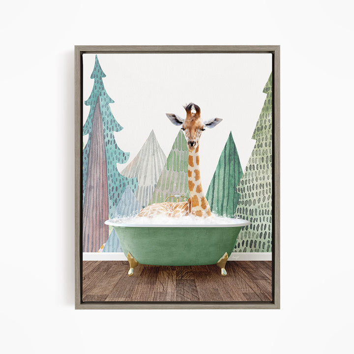 A giraffe is sitting in a green bathtub, surrounded by a forest-themed background with trees and a snowy landscape.