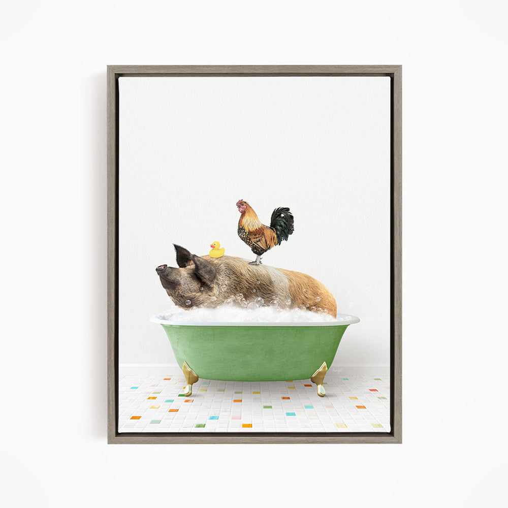 A pig is lying in a green bathtub filled with water, surrounded by a rooster and a duck.