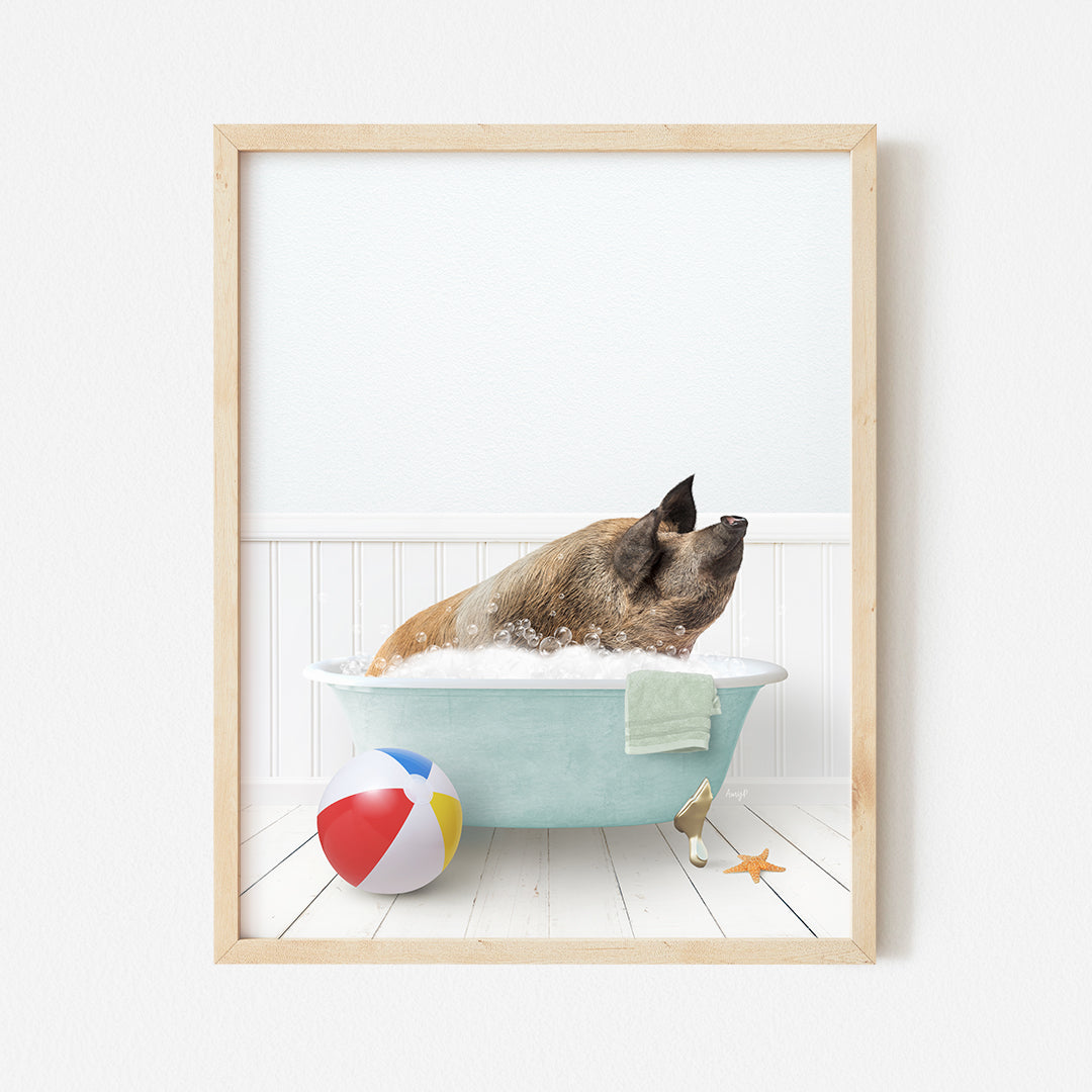 a dog taking a bath in a blue bathtub