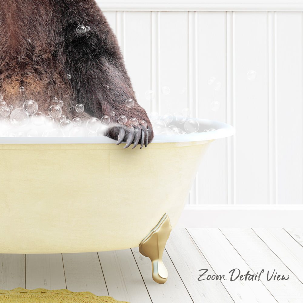 A bear is sitting in a bathtub filled with bubbles, enjoying a relaxing bath.