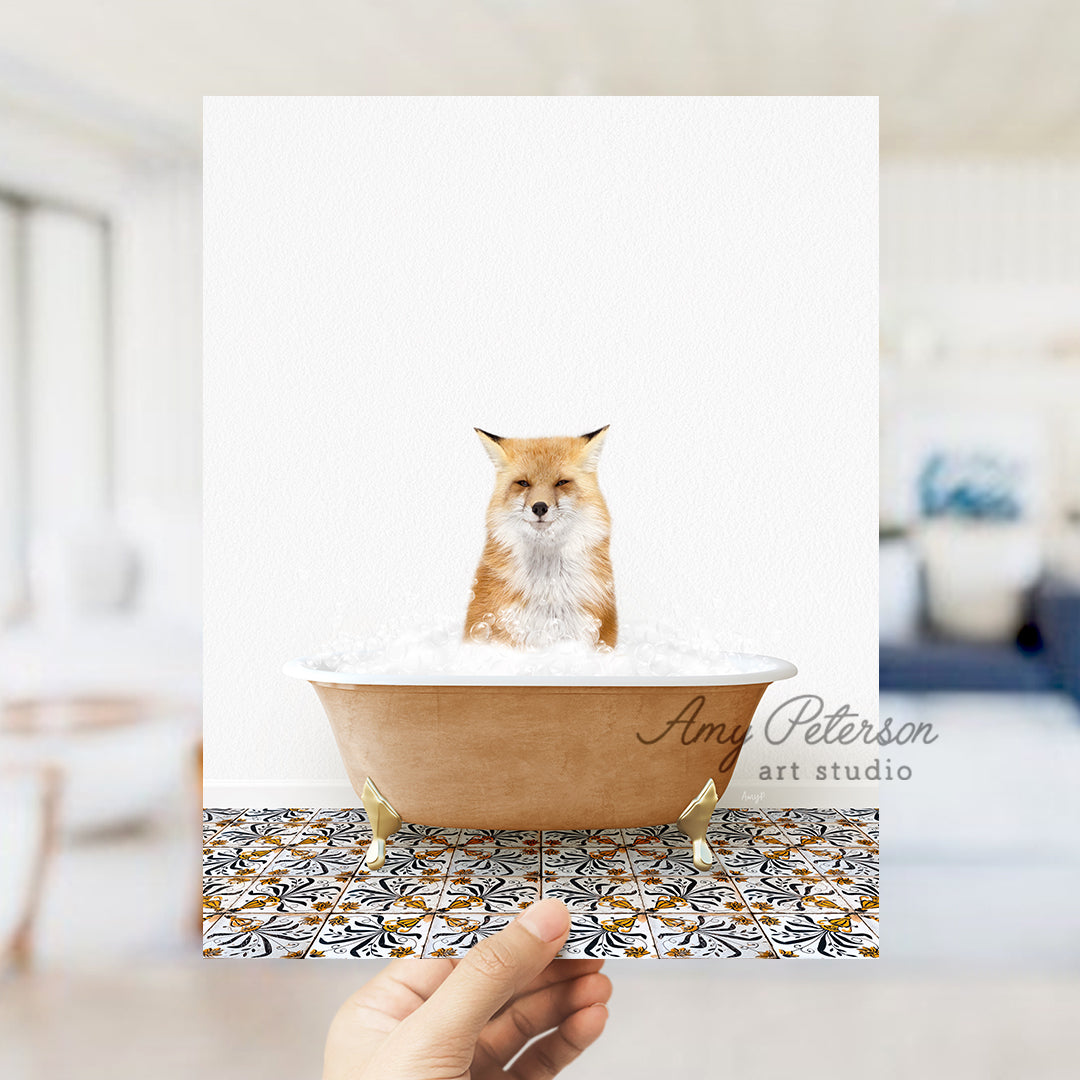 a hand holding a card with a picture of a fox in a bathtub