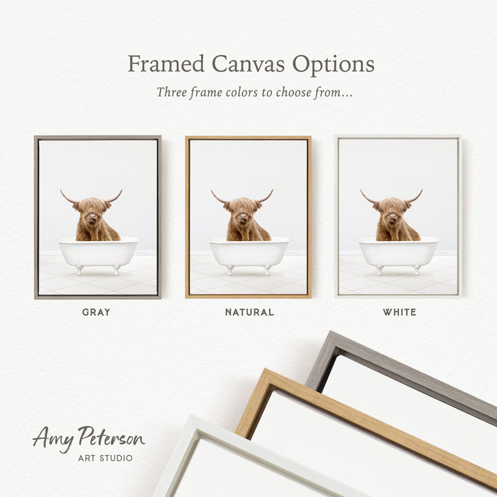 three framed canvas options, each featuring a brown cow with horns sitting in a white bathtub. The options include a gray frame, a natural frame, and a white frame.