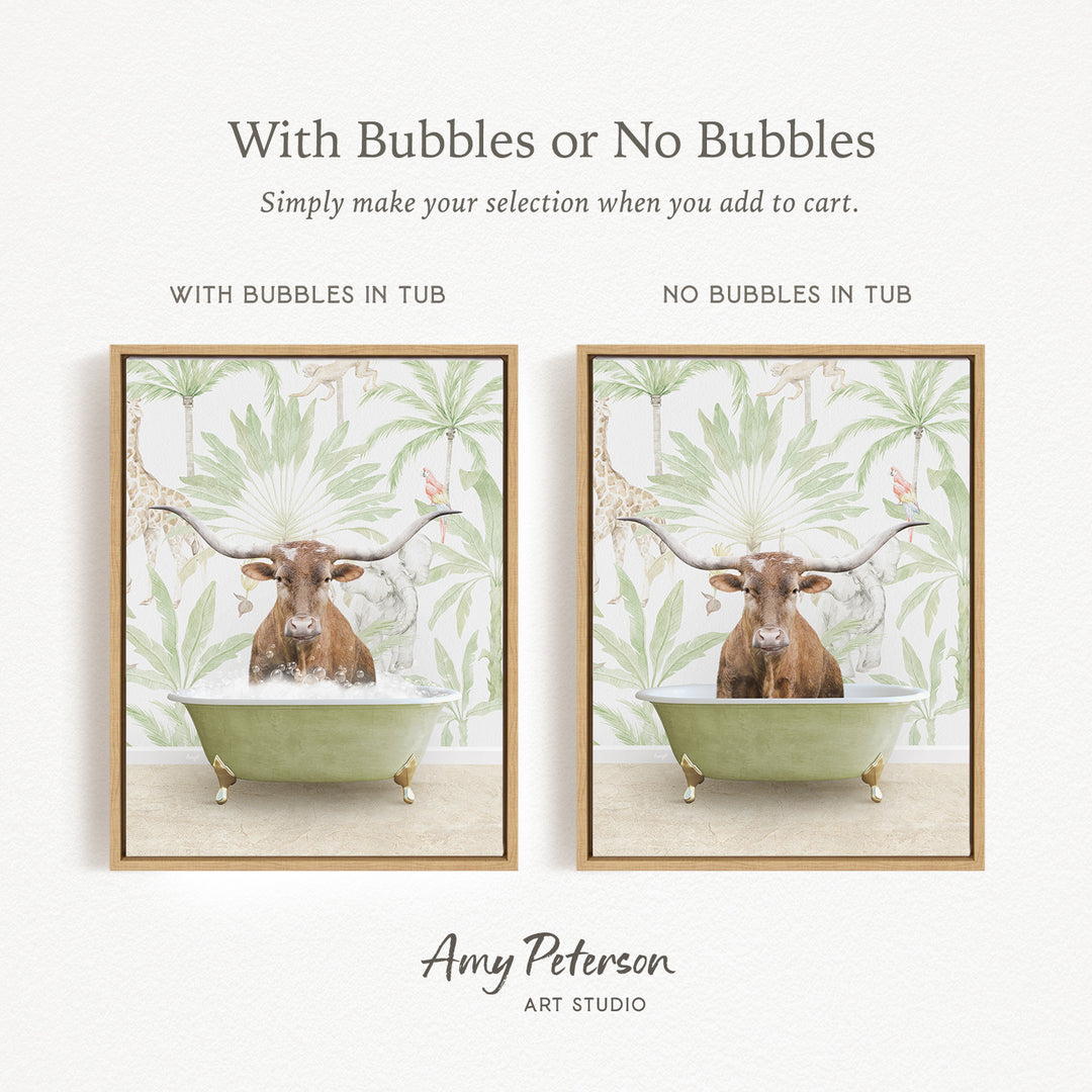 The image is a collage of two framed pictures, each depicting a bull in a bathtub. The bull in the bathtub has horns and is surrounded by palm leaves. The collage is titled "With Bubbles or No Bubbles" and is created by Amy Peterson from Art Studio.