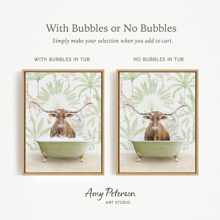 The image is a collage of two framed pictures, each depicting a bull in a bathtub. The bull in the bathtub has horns and is surrounded by palm leaves. The collage is titled "With Bubbles or No Bubbles" and is created by Amy Peterson from Art Studio.