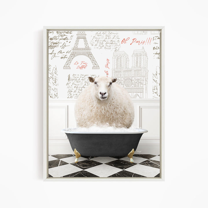 A fluffy white sheep sits in a black bathtub, surrounded by a Paris-themed background with the Eiffel Tower and other landmarks.