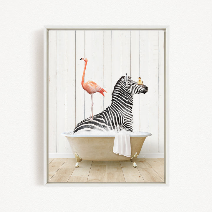 A zebra is sitting in a bathtub, with a flamingo standing on its back.