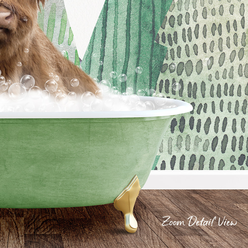 A brown dog is sitting in a green bathtub filled with bubbles, with a patterned wall in the background.