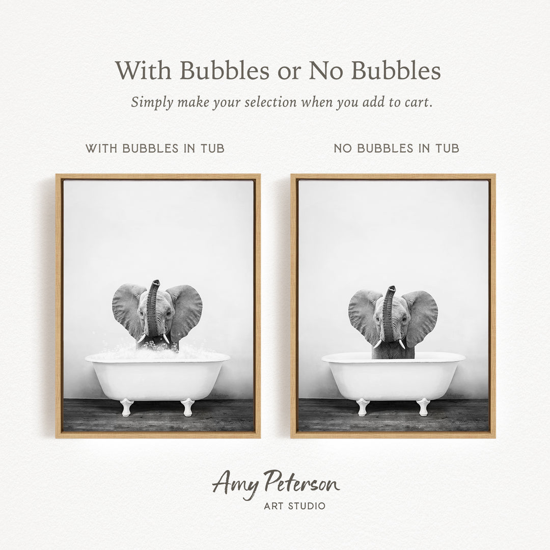 The image is a black and white photograph of two elephants sitting in bathtubs, one with bubbles and the other without bubbles. The text above the image reads "With Bubbles or No Bubbles" and below the image, it says "Simply make your selection when you add to cart."