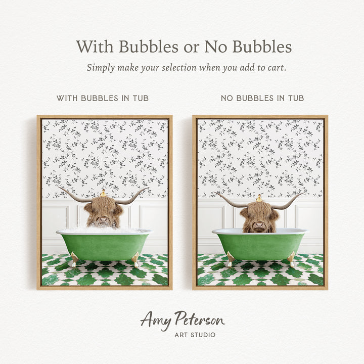 The image is a collage of two framed pictures, each depicting a cow with horns in a bathtub. The cow in the left picture has bubbles in the tub, while the cow in the right picture does not have bubbles in the tub.