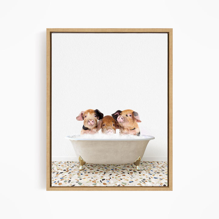 Three adorable pigs sitting in a white bathtub, enjoying a relaxing bath together.