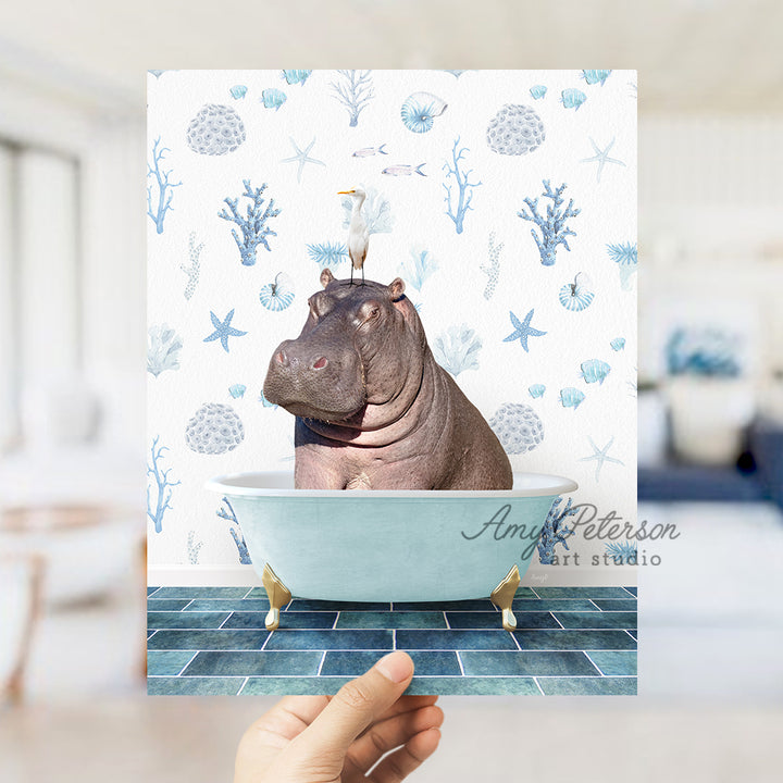 a hippo in a bathtub with a crown on its head