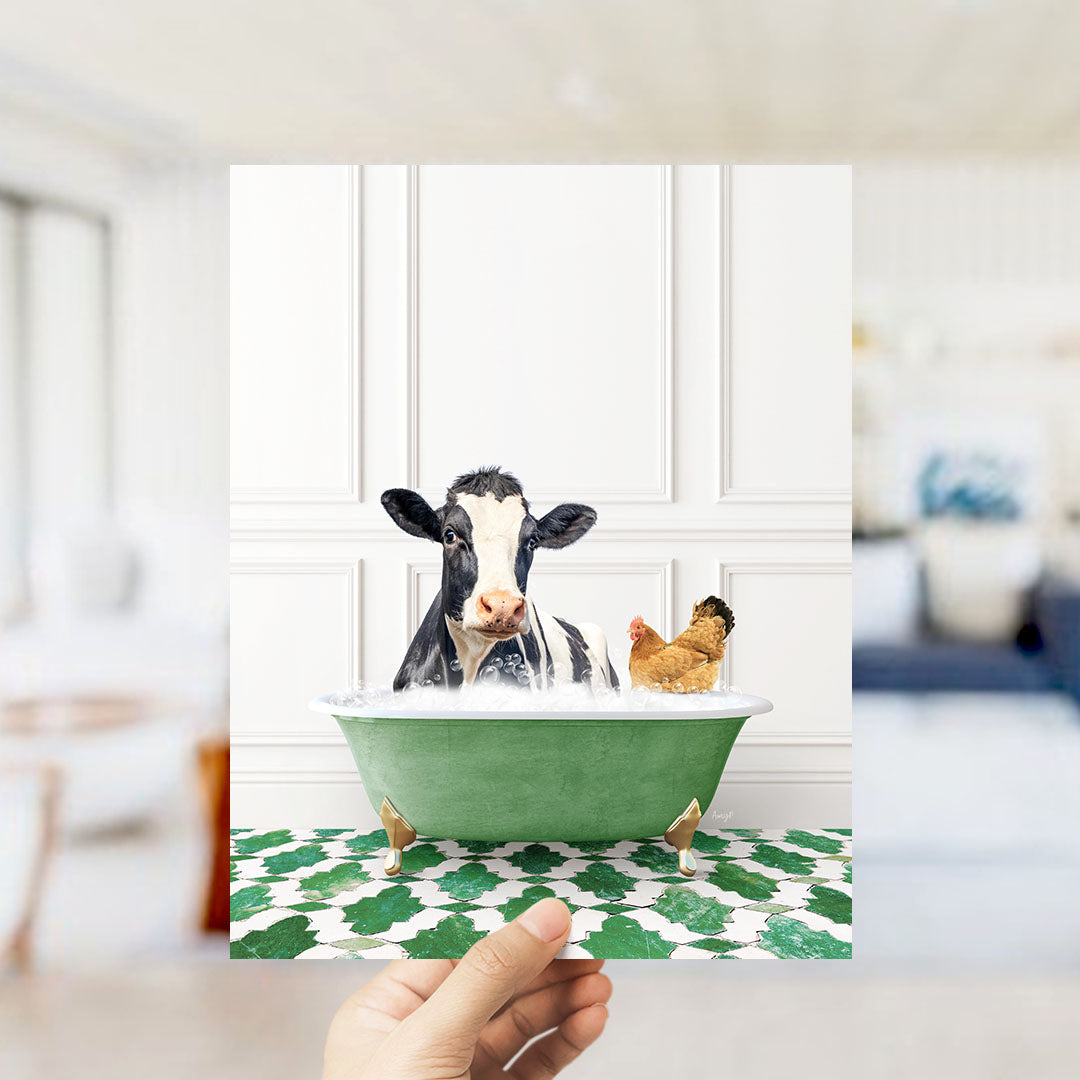 A cow and a chicken are sitting in a green bathtub filled with water, creating a whimsical and humorous scene.