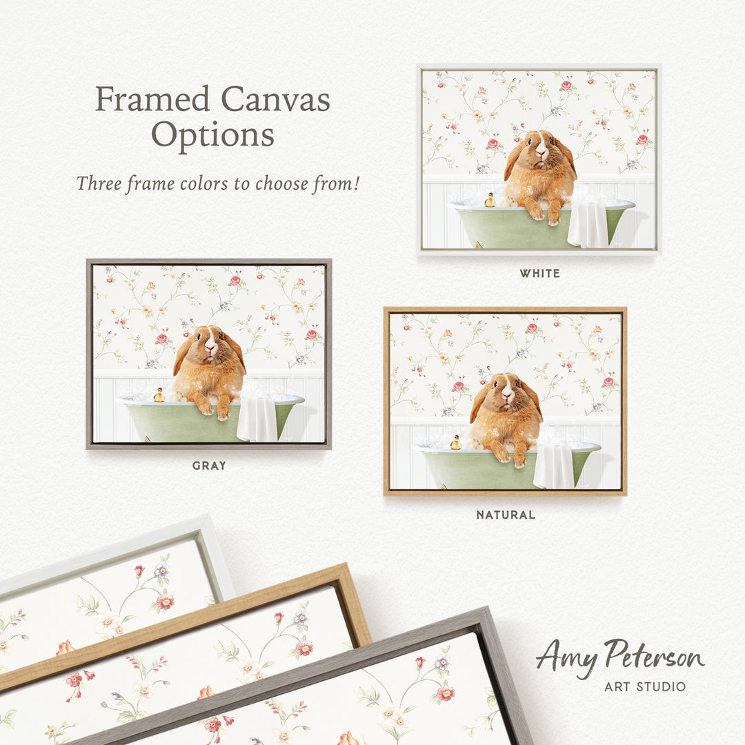 The image is a framed canvas with three different options for the color of the frame: white, gray, and natural. The canvas features a brown dog sitting in a green bathtub, surrounded by a floral pattern.