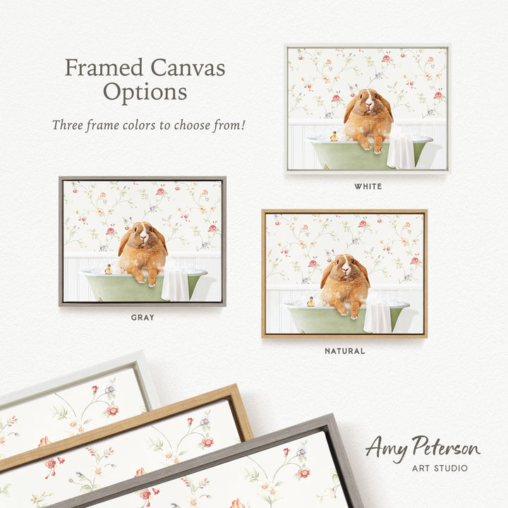 The image is a framed canvas with three different options for the color of the frame: white, gray, and natural. The canvas features a brown dog sitting in a green bathtub, surrounded by a floral pattern.