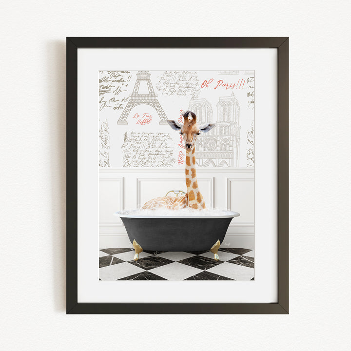 A giraffe standing in a bathtub filled with bubbles, with a Paris-themed background behind it.