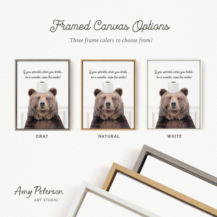 The image is a framed canvas option featuring three different framed pictures of a bear with a toilet paper on its head.