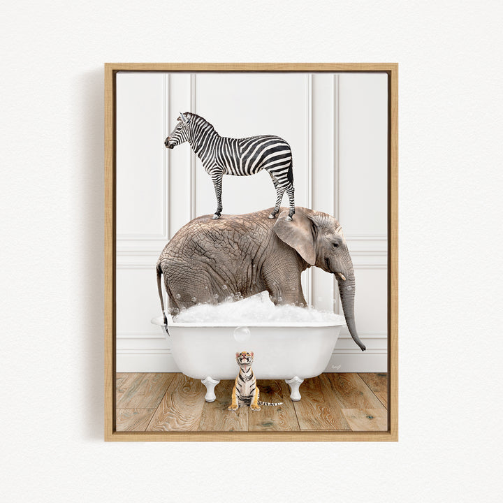 A zebra stands on an elephant's back while the elephant is submerged in a bathtub, with a small tiger sitting in the tub next to the elephant.