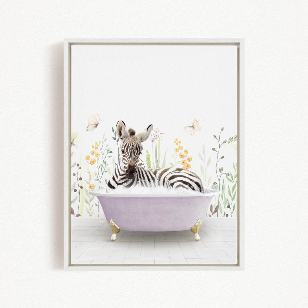 A zebra is sitting in a purple bathtub, surrounded by flowers and butterflies, creating a whimsical and playful scene.