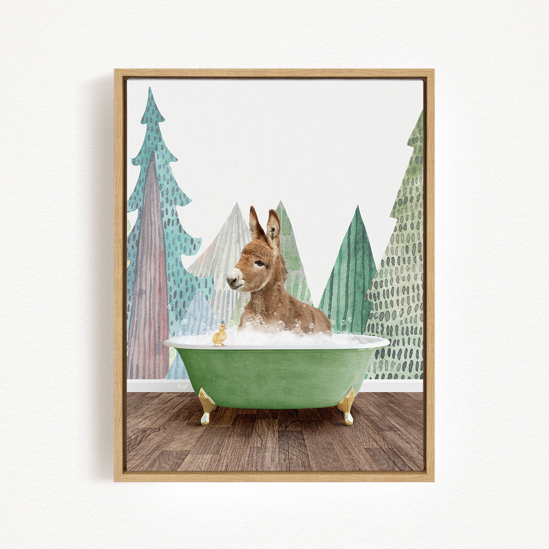 A brown dog is sitting in a green bathtub, surrounded by a forest scene with trees and a snowy landscape.