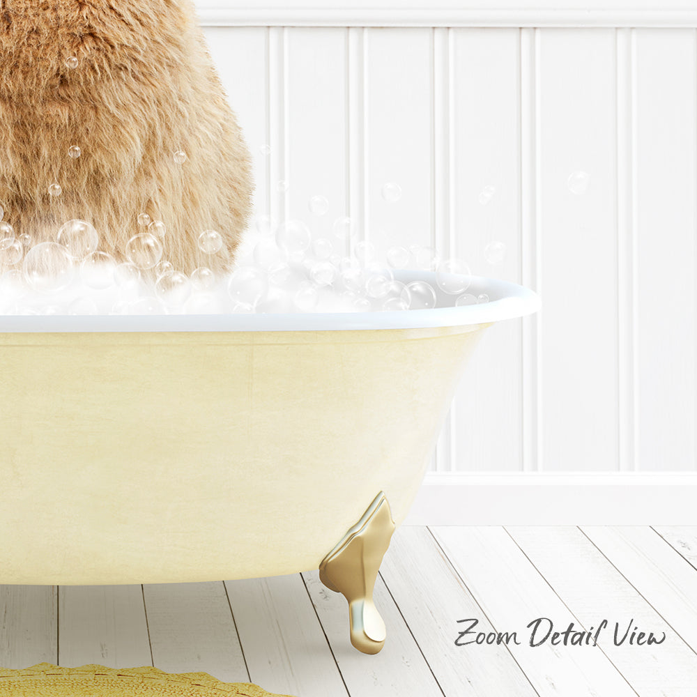 A fluffy brown cat is sitting in a yellow bathtub filled with bubbles, creating a playful and whimsical scene.
