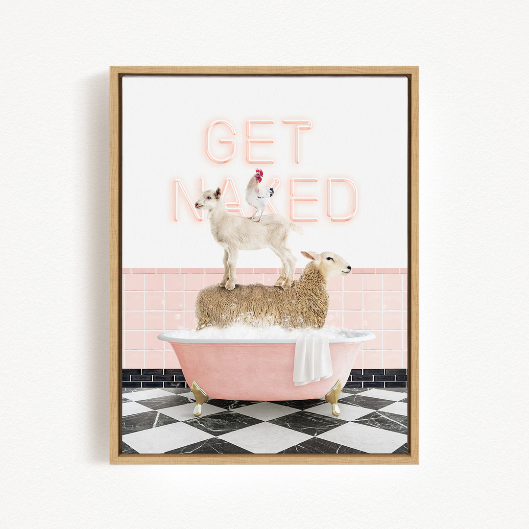 A framed image depicting a sheep standing on a pink bathtub, with a chicken perched on top, against a pink and black checkered floor and a pink wall with the text "GET NAUGED" in neon pink letters.