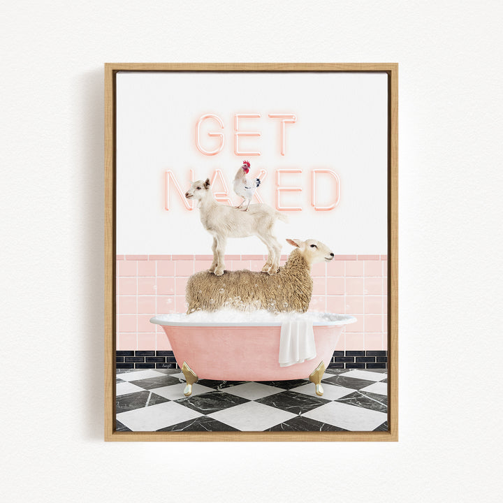 A framed image depicting a sheep standing on a pink bathtub, with a chicken perched on top, against a pink and black checkered floor and a pink wall with the text "GET NAUGED" in neon pink letters.