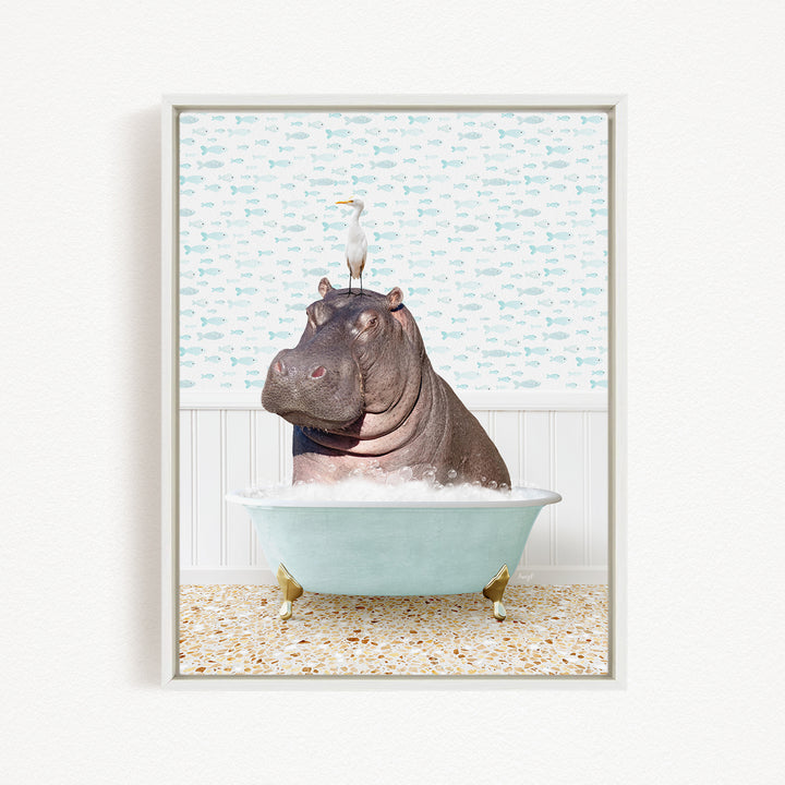 A hippopotamus sitting in a bathtub, with a bird perched on its head.
