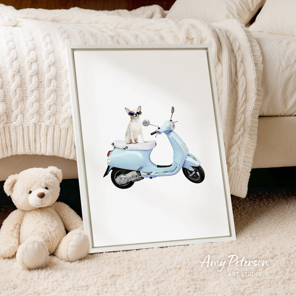 A framed print of a dog sitting on a blue scooter is displayed on a beige carpet, with a teddy bear to the left and a white bed in the background.