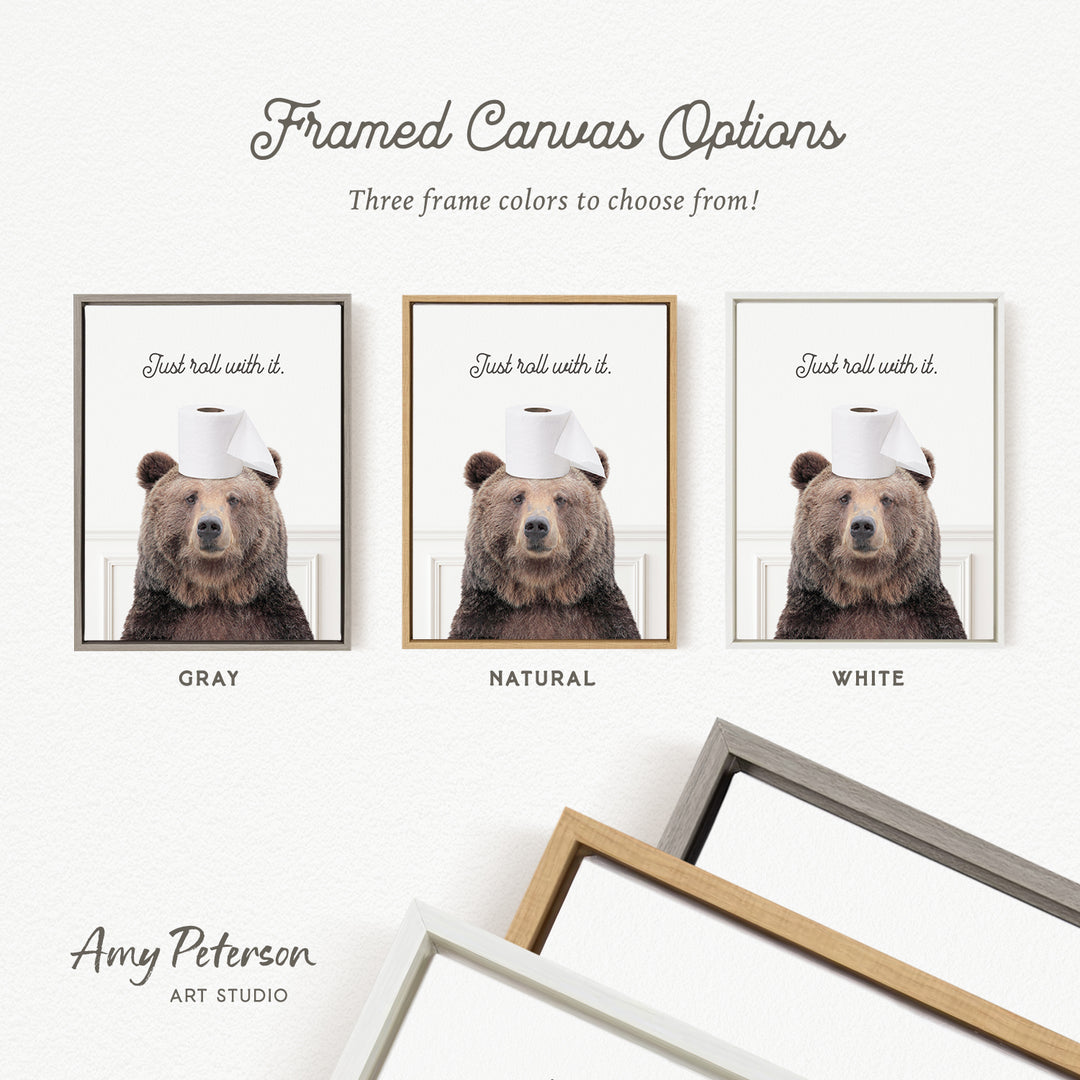 three framed canvas options featuring a bear wearing a toilet paper hat. The bear is shown in different color schemes, including gray, natural, and white.