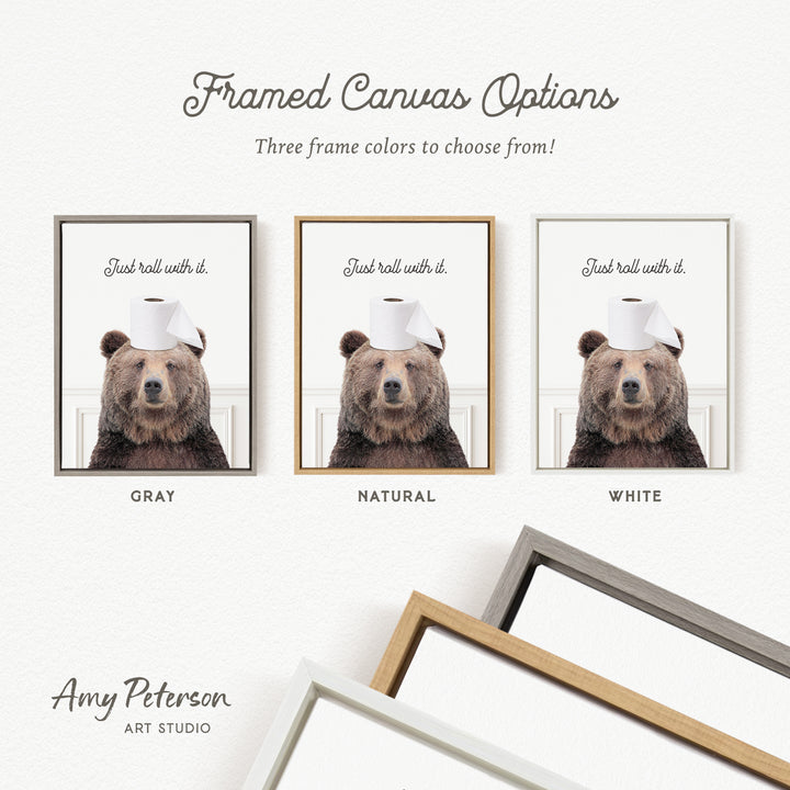 three framed canvas options featuring a bear wearing a toilet paper hat. The bear is shown in different color schemes, including gray, natural, and white.