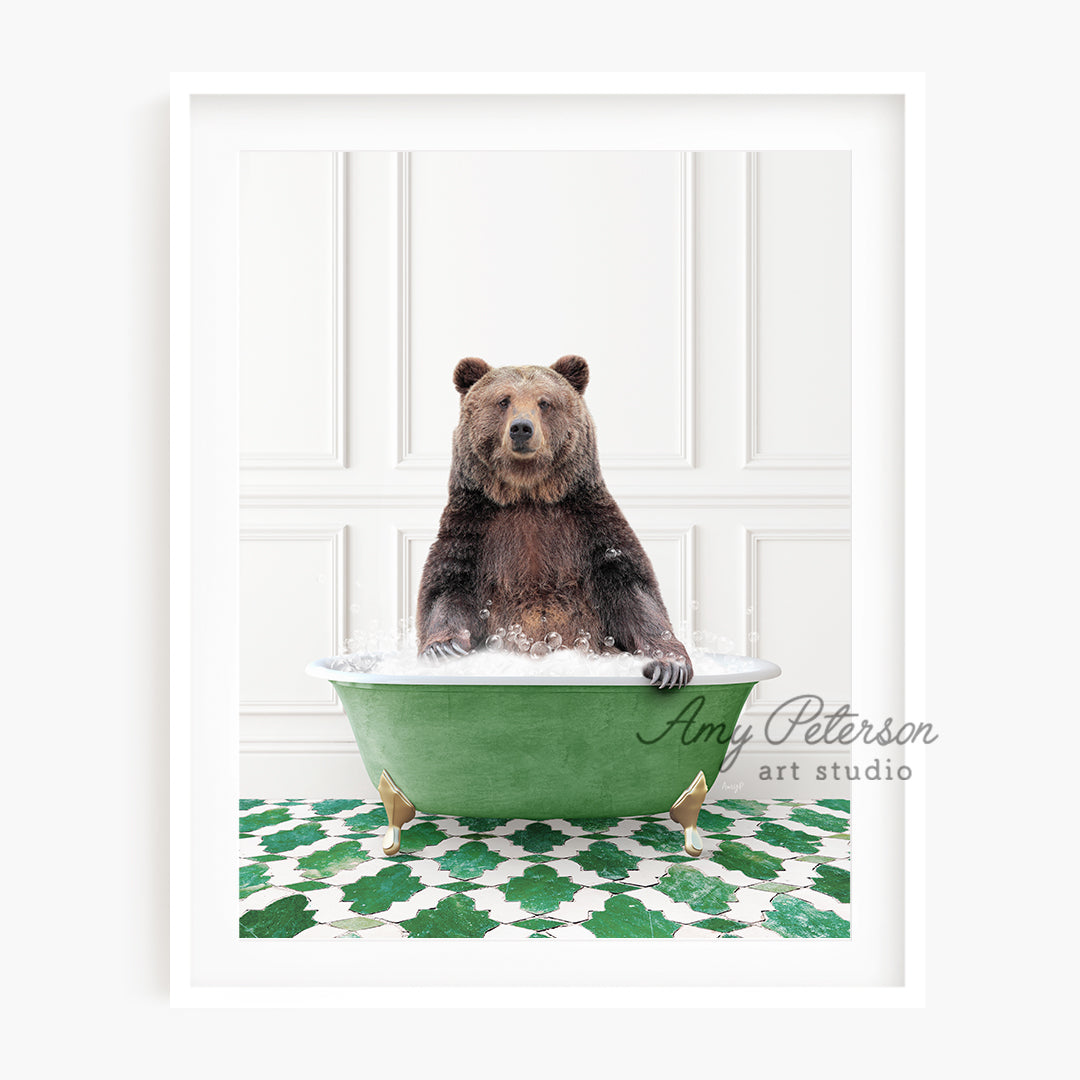 a brown bear sitting in a green bath tub