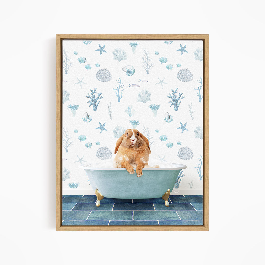 A brown rabbit sitting in a blue bathtub filled with bubbles, surrounded by a pattern of seashells, starfish, and other marine life.