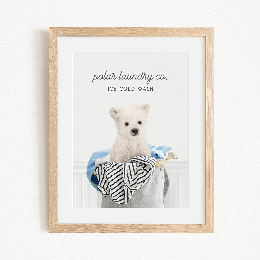 A framed image of a white dog sitting in a laundry basket, with the text "polar laundry co. ICE COLD WASH" displayed above the dog.
