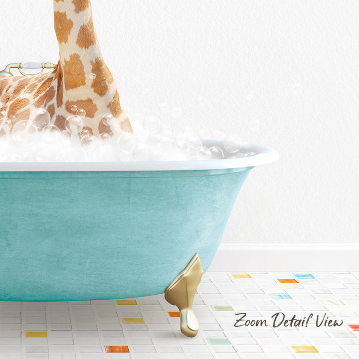 A giraffe standing in a blue bathtub filled with bubbles, with a colorful tiled floor in the foreground.