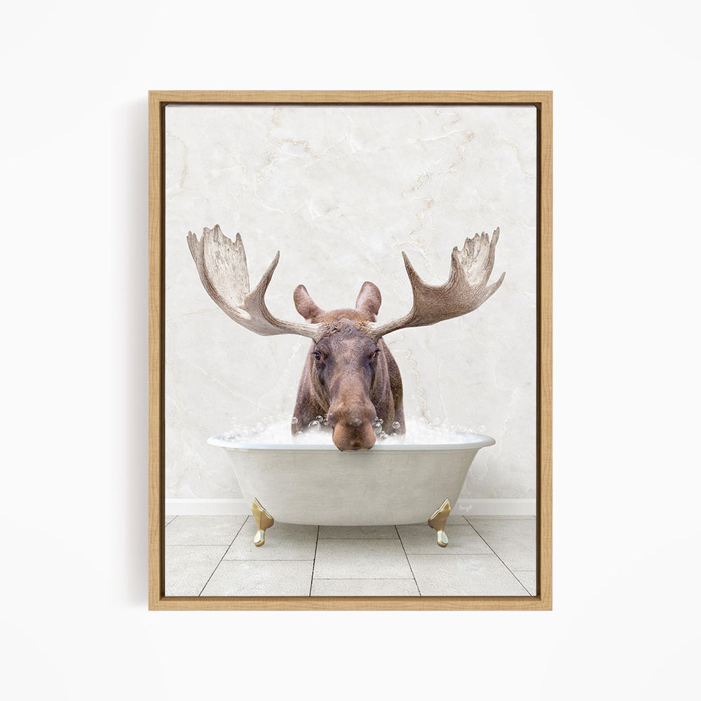 A moose with large antlers is sitting in a white bathtub filled with water, creating a whimsical and humorous scene.