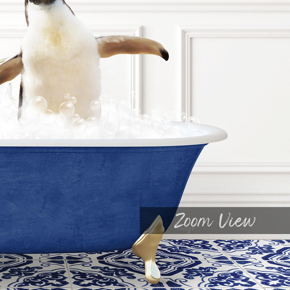 A penguin standing in a blue bathtub filled with bubbles, with a white wall and a patterned tile floor in the background.