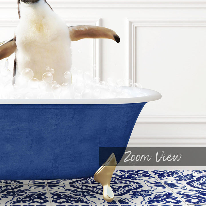 A penguin standing in a blue bathtub filled with bubbles, with a white wall and a patterned tile floor in the background.