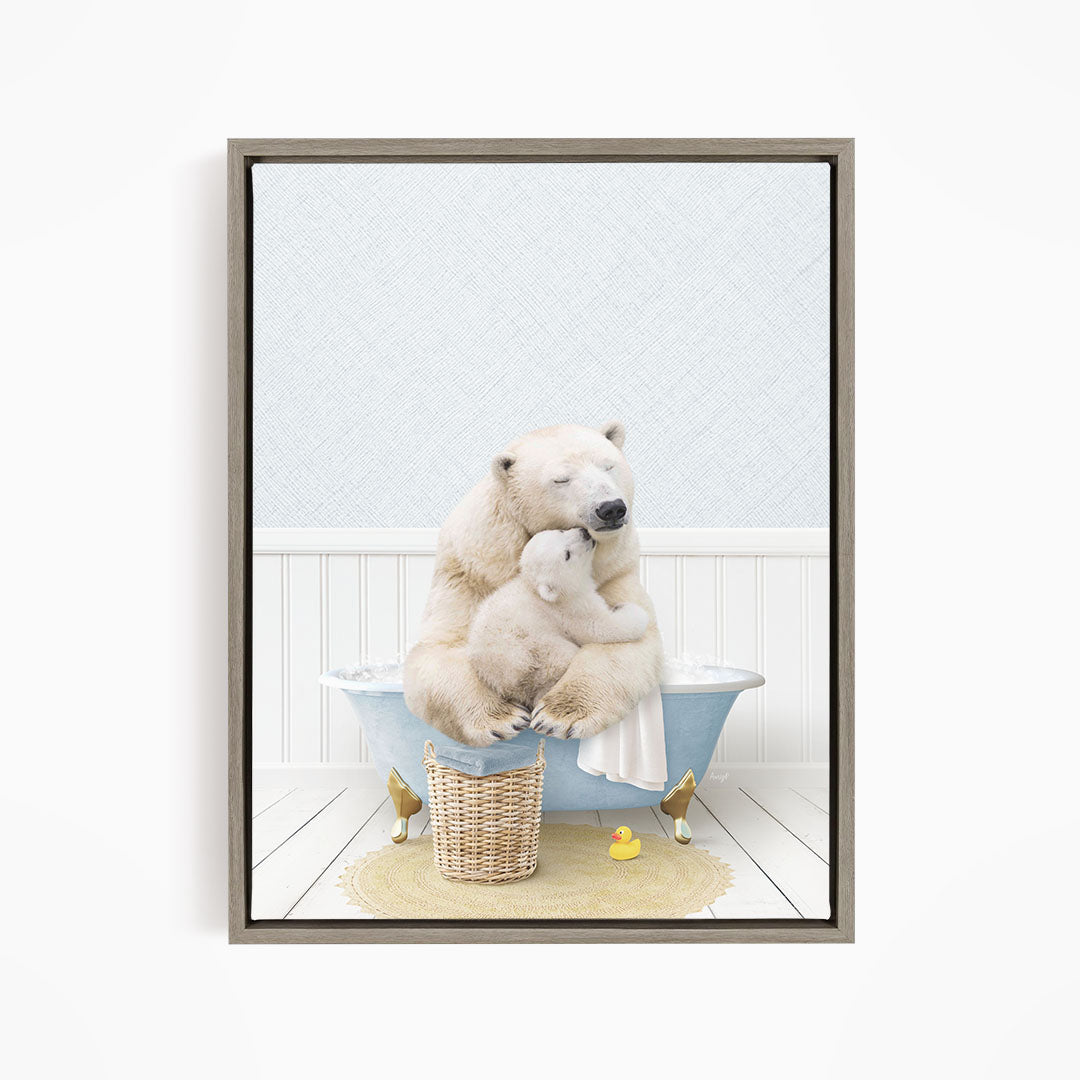 A polar bear is sitting in a bathtub, surrounded by a basket of toys and a yellow rubber duck, creating a playful and whimsical scene.