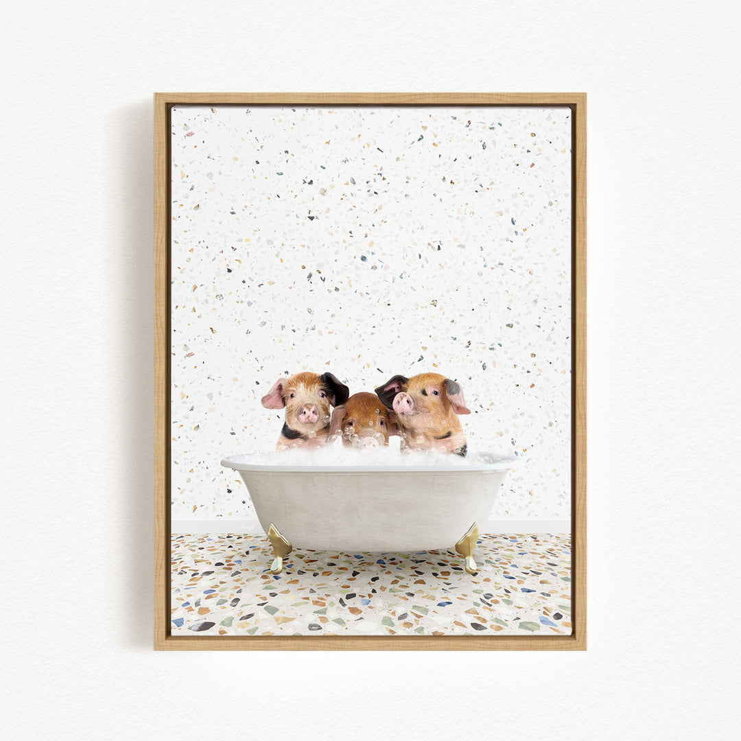 Three adorable pigs sitting in a white bathtub, enjoying a relaxing bath.