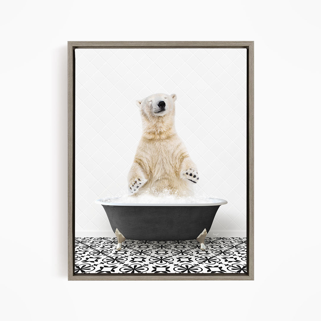 A polar bear standing in a bathtub filled with water, appearing to be enjoying the bath.