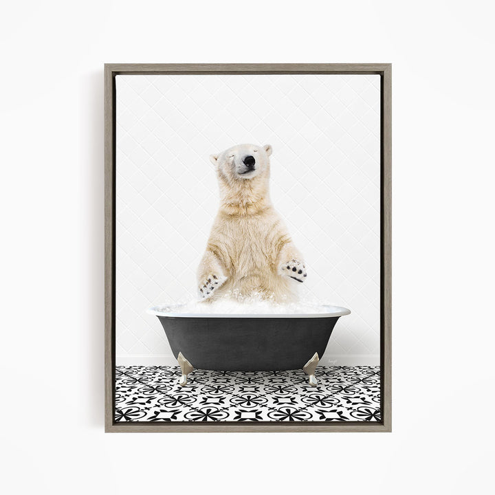 A polar bear standing in a bathtub filled with water, appearing to be enjoying the bath.