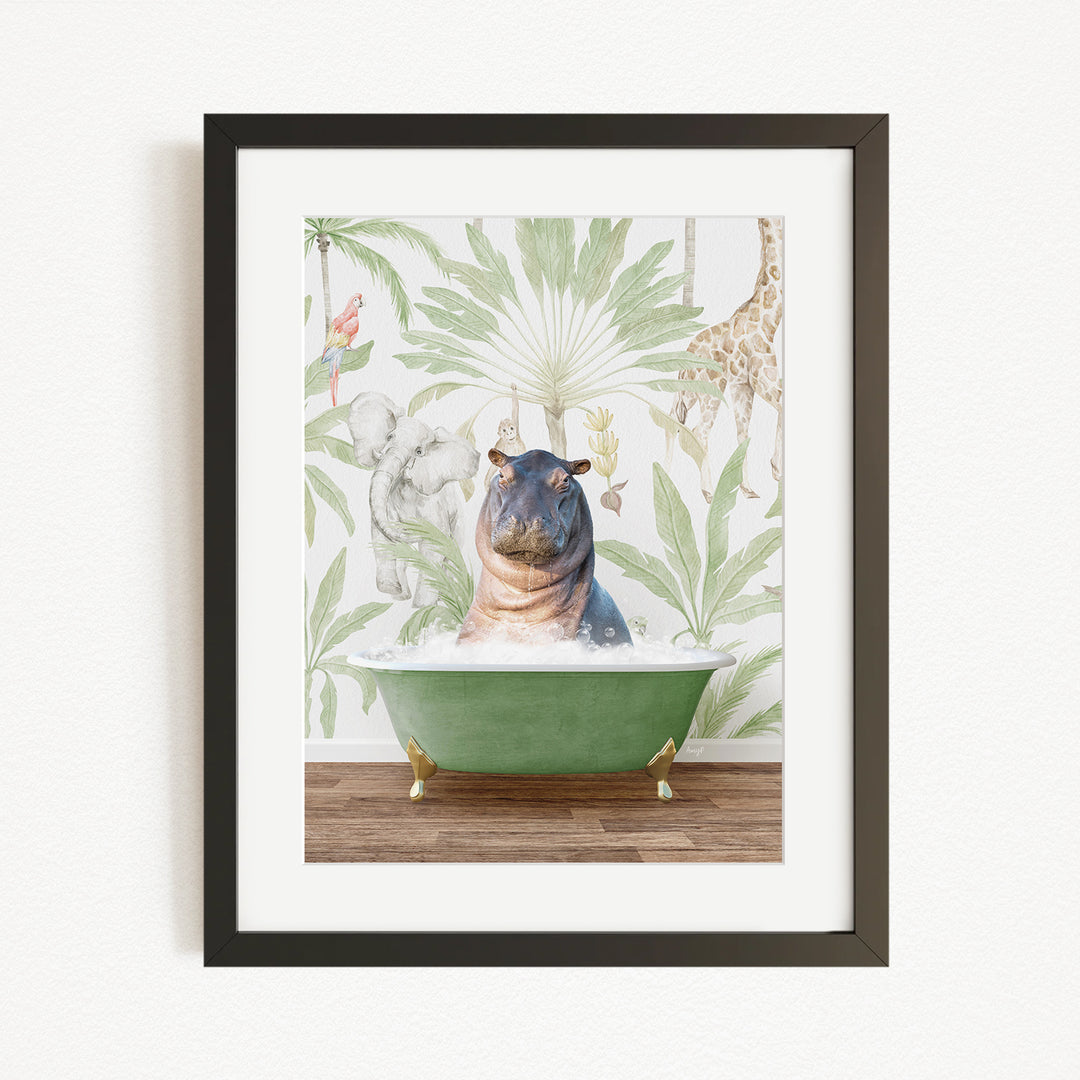 A framed image depicting a hippopotamus sitting in a green bathtub, surrounded by tropical foliage and animals.