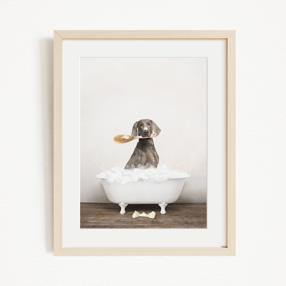 A dog sitting in a white bathtub, holding a brush in its mouth, with a wooden floor and a white dog bowl in the background.