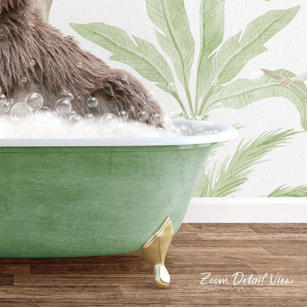 A green bathtub filled with bubbles, with a brown animal, possibly a dog, sitting inside it. The bathtub is placed on a wooden floor, and there is a wall with a tropical plant design in the background.