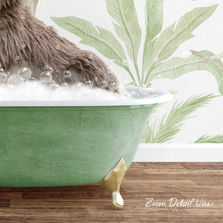 A green bathtub filled with bubbles, with a brown animal, possibly a dog, sitting inside it. The bathtub is placed on a wooden floor, and there is a wall with a tropical plant design in the background.
